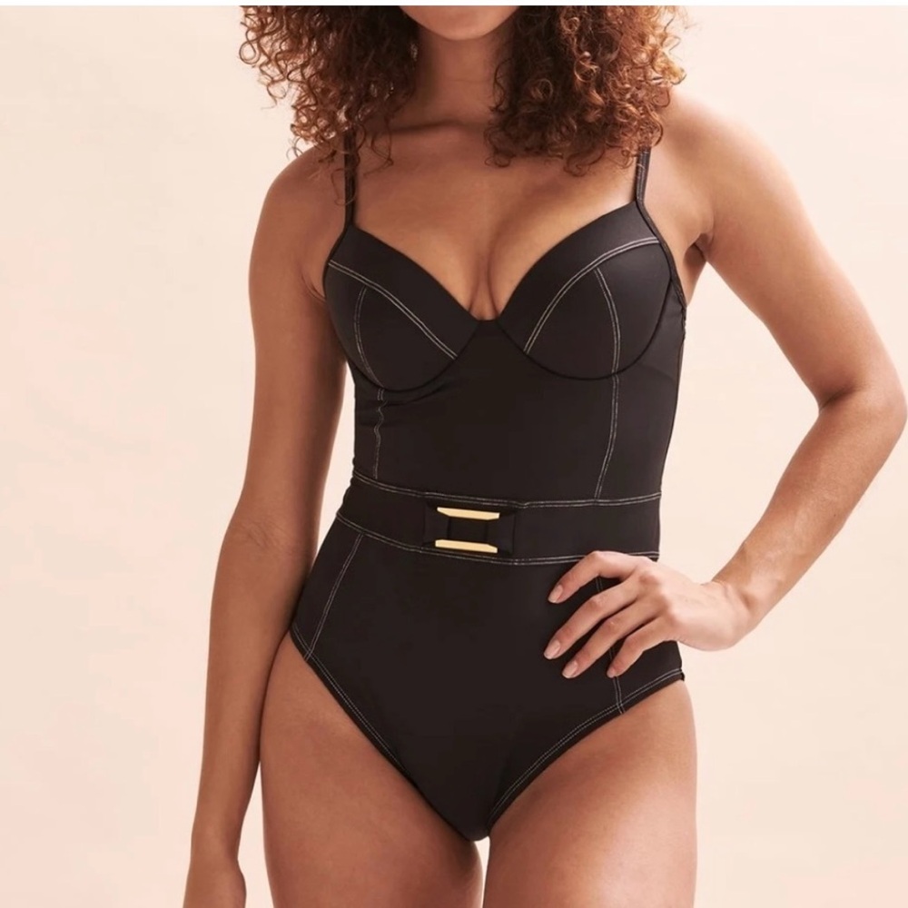 Bleu Rod Beattie Black and Gold One Piece Swimsuit with Glamorous Belt Detail